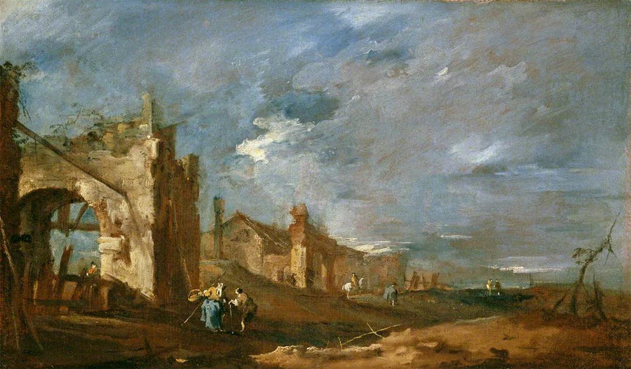 Vernielde gebouwen en personages aan de rand van de lagune - Francesco Guardi