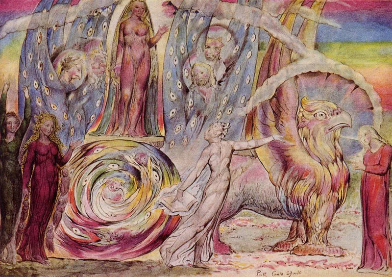 Béatrice spreekt tot Dante vanuit de auto - William Blake