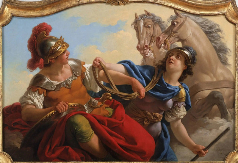Bellone die de teugels vasst van haar paarden op Mars - Louis Jean François Lagrenée

Source:
Bellone présentant les rênes de ses chevaux à Mars - Louis Jean François Lagrenée