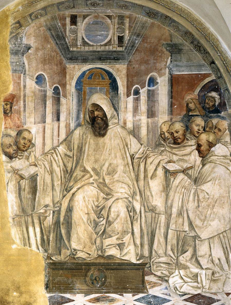 Benoît presenteert zijn liniaal aan de olijfkleurige monniken. - Il Sodoma (Giovanni Antonio Bazzi)