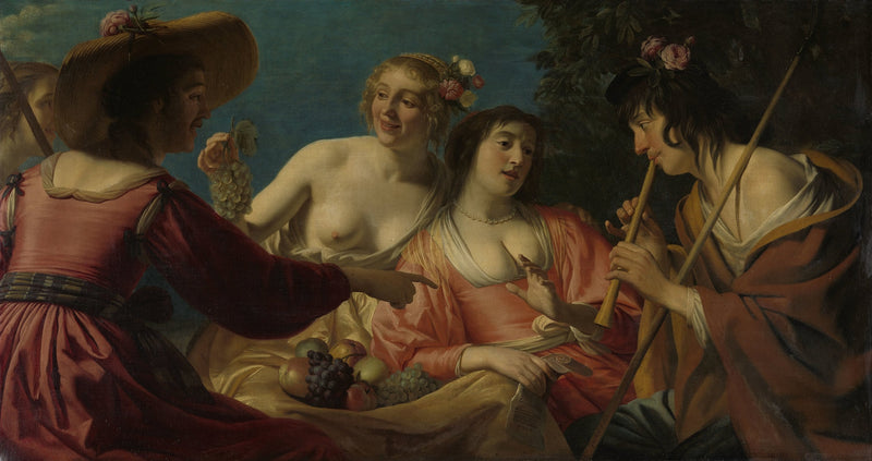 Berger die fluit speelt en vier herdersvrouwen - Gerrit van Honthorst