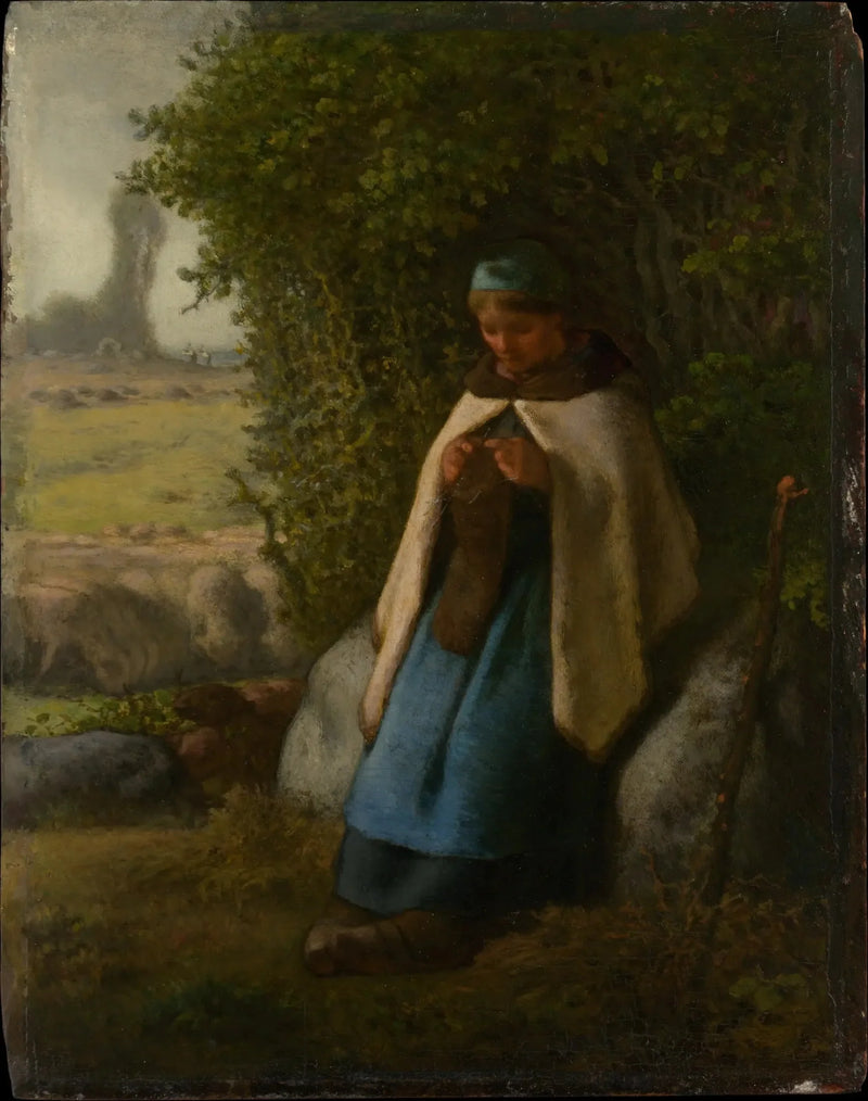 Zittende bergère op een rots - Jean-François Millet