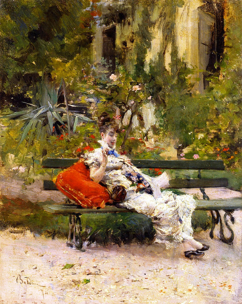 Berthe naait in de tuin - Giovanni Boldini