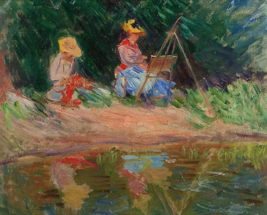 Blanche Monet schildert met haar zus Suzanne aan de waterkant - Claude Monet