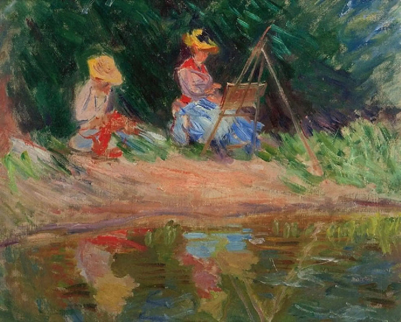 Blanche Monet schildert met haar zus Suzanne aan de waterkant - Claude Monet