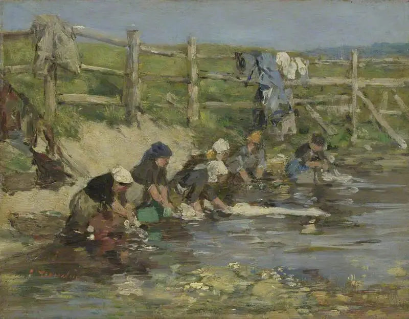 Wassen aan de oever van een beek - Eugène Boudin
