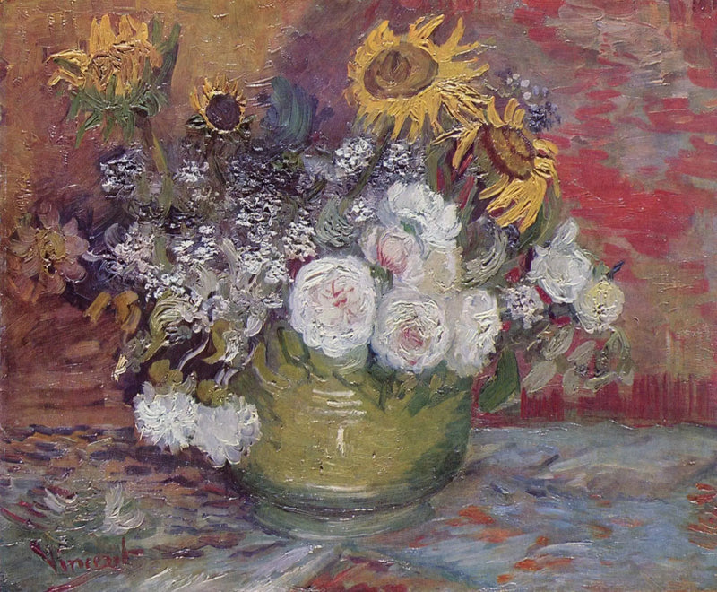 Kom met zonnebloemen, rozen en andere bloemen - Vincent van Gogh