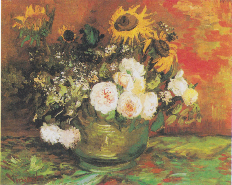 Kom met zonnebloemen, rozen en andere bloemen - Vincent van Gogh