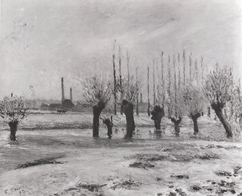 Oever van de Oise bij Pontoise, sneeuweffect - Camille Pissarro