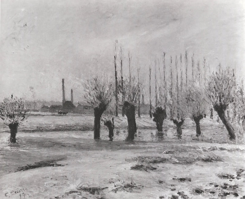 Oever van de Oise bij Pontoise, sneeuweffect - Camille Pissarro