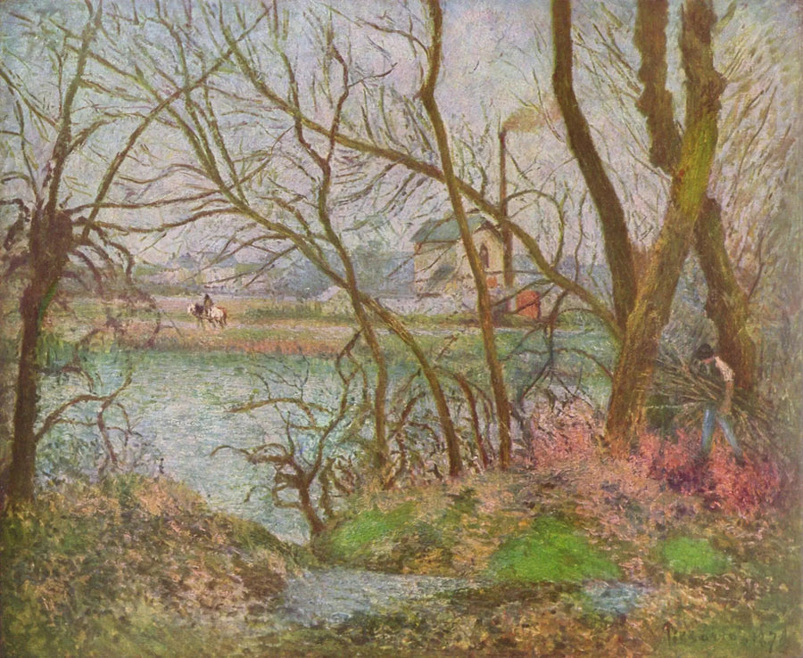 Oever van de Oise, nabij Pontoise, grijze tijd - Camille Pissarro