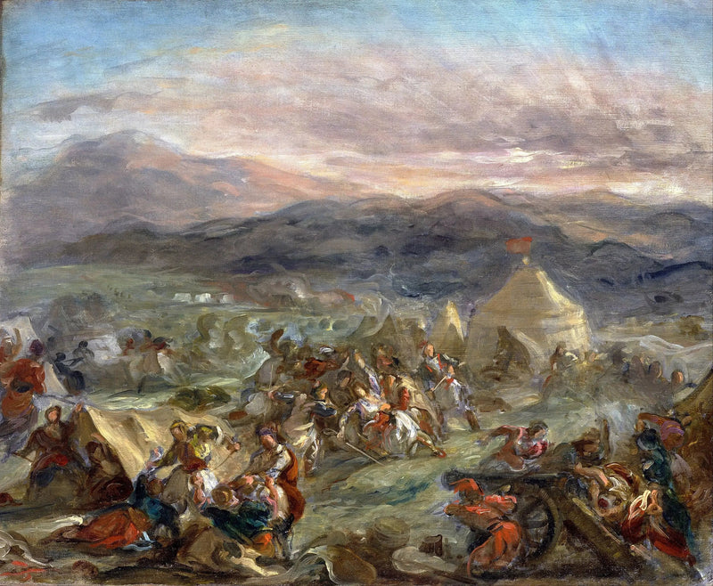 Botzaris verrast het Turkse kamp en valt dodelijk gewond - Eugène Delacroix