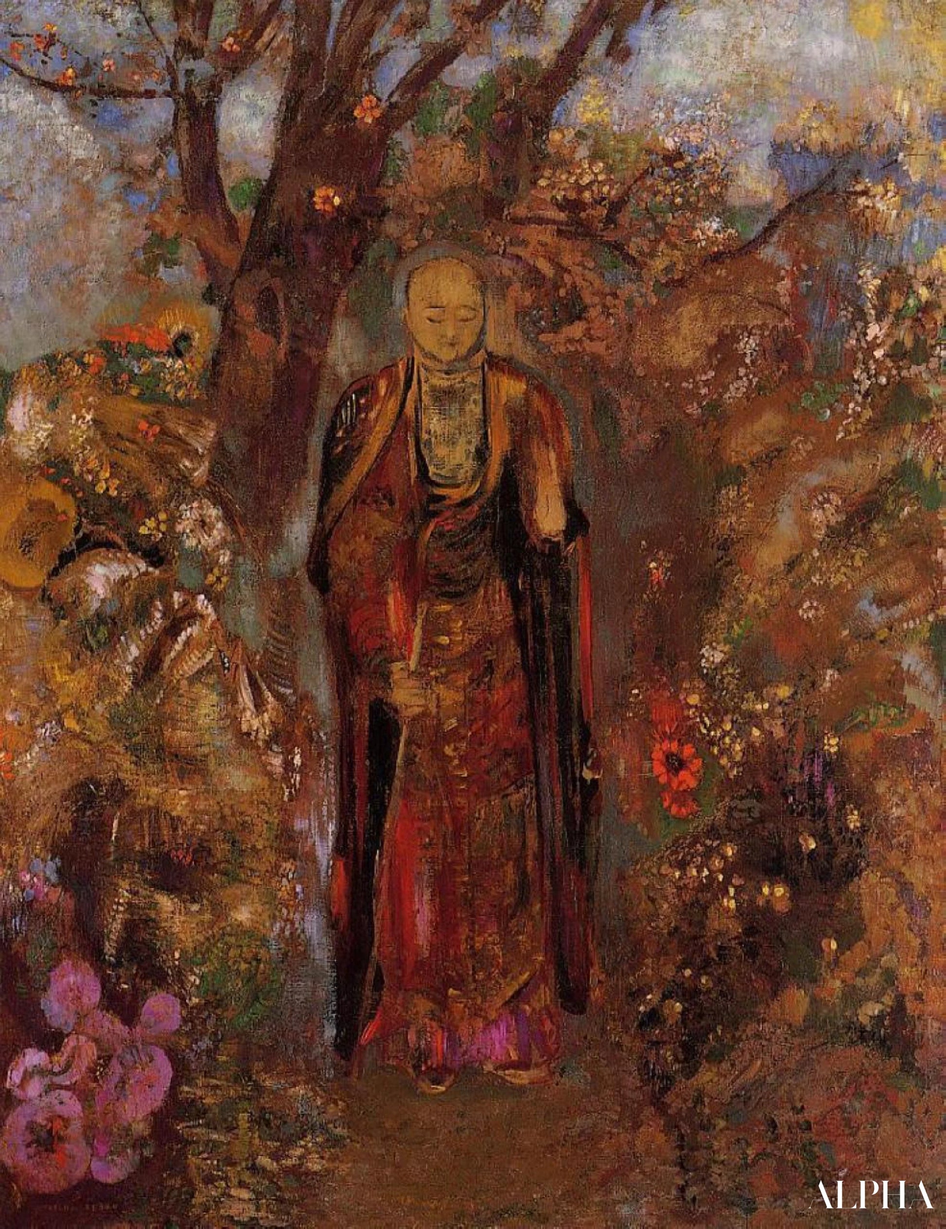 Boeddha wandelend tussen de bloemen - Odilon Redon - Reproducties van schilderijen en hoogwaardige schilderijen