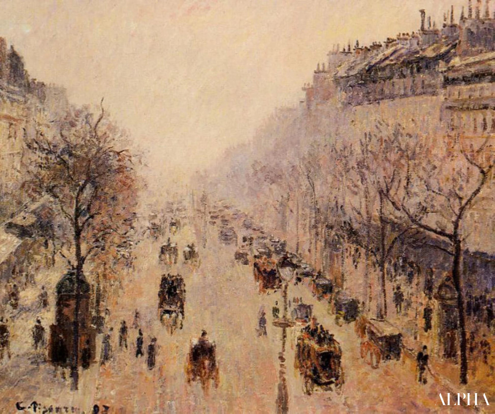 Boulevard Montmartre, ochtend, zonlicht en mist - Camille Pissarro - Reproducties van schilderijen en hoogwaardige schilderijen