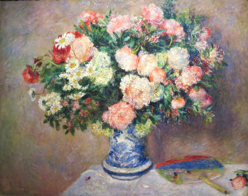 Boeket van chrysanten en een Japanse waaier - Pierre-Auguste Renoir