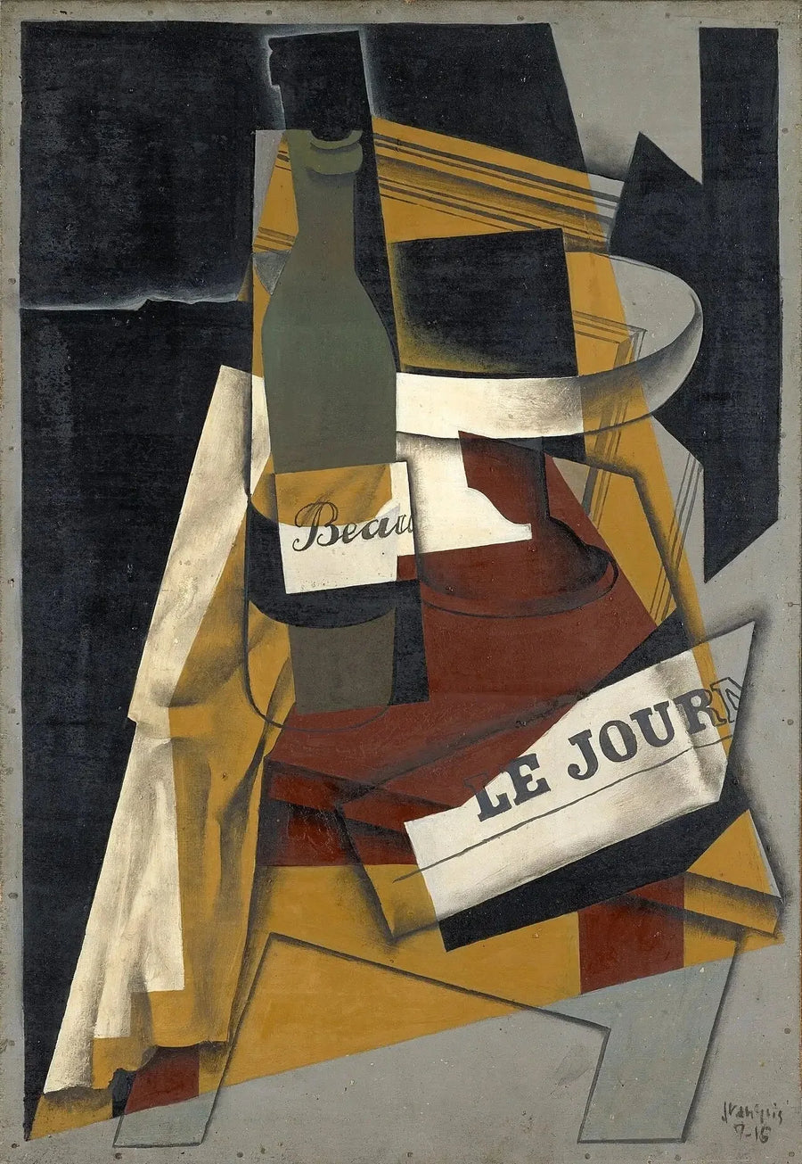 Fles en fruitschaal (Fles, krant en fruitschaal) - Juan Gris