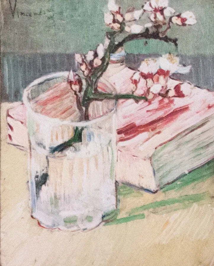 Amandelbloesemtak in een glas met een boek - Vincent van Gogh