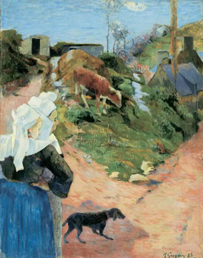 Bretoense op de bocht van een weg, of Bretoense en kalf - Paul Gauguin