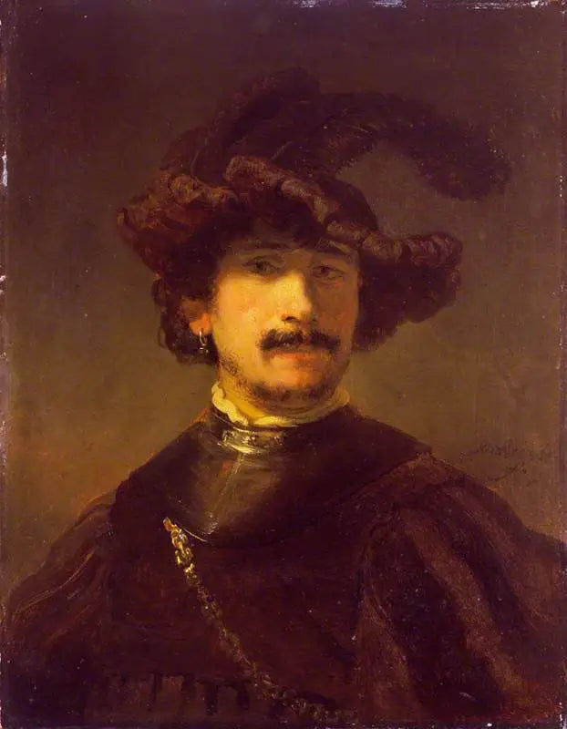 Buste d'homme en gorgerin et bonnet de plumes - Rembrandt image 1 copie de tableau peinte à la main