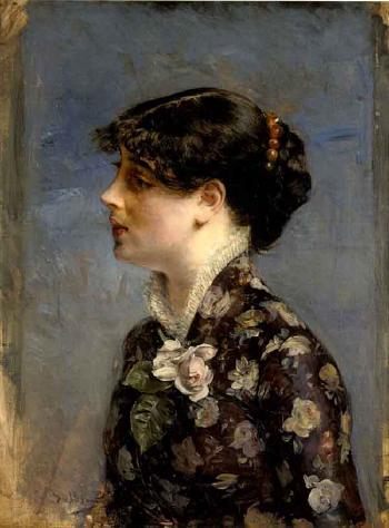 Buste van een jonge brunette op profiel, links, in een bloemenblouse - Giovanni Boldini