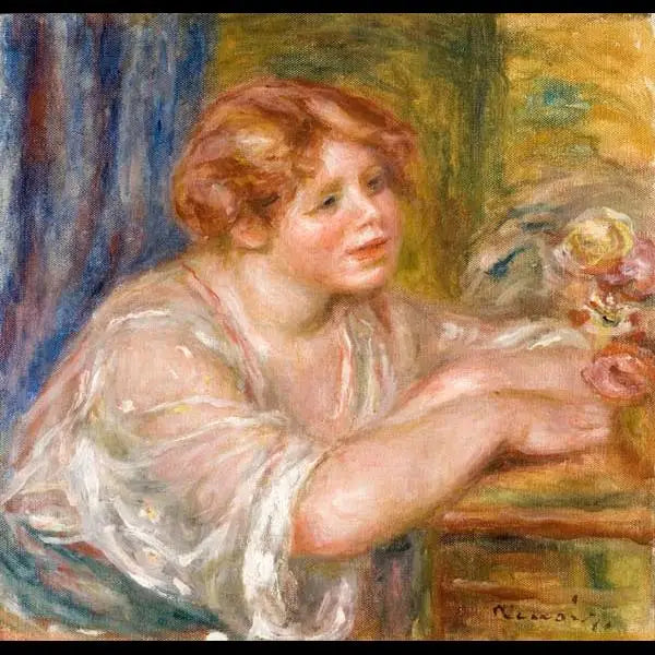 Buste van een jong meisje dat naar bloemen kijkt - Pierre-Auguste Renoir