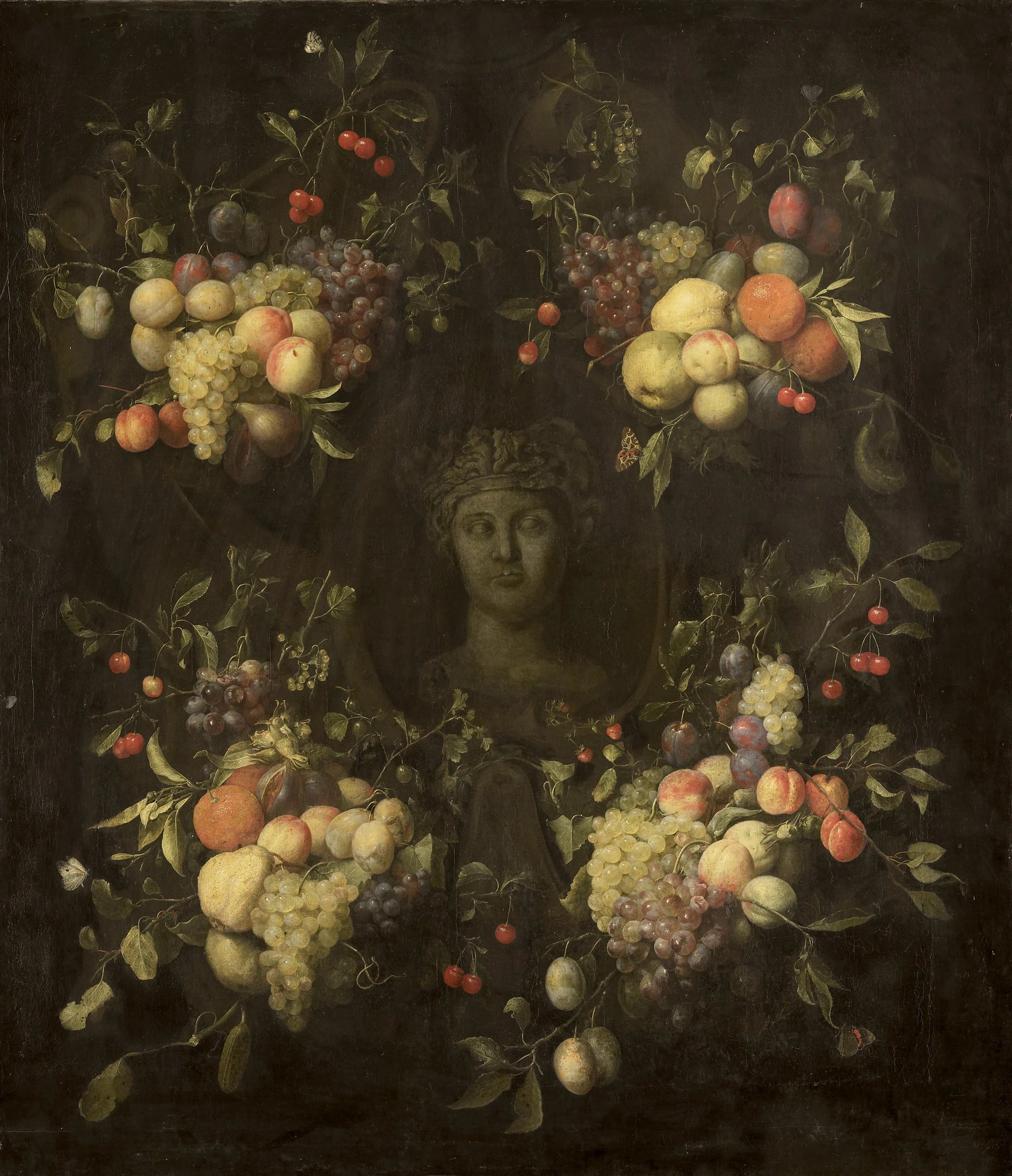 Buste en marbre entouré d'un feston de fruits - Joris van Son