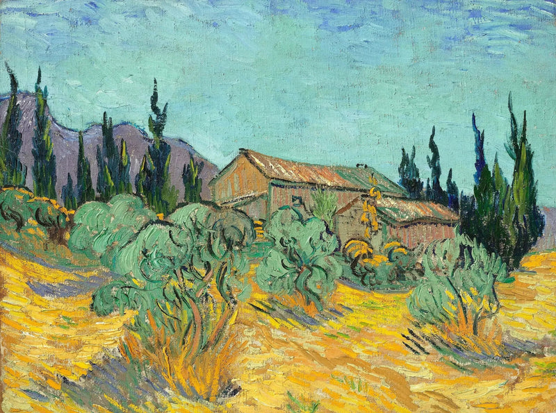 Houten hutten tussen de olijfbomen en cipressen - Vincent van Gogh