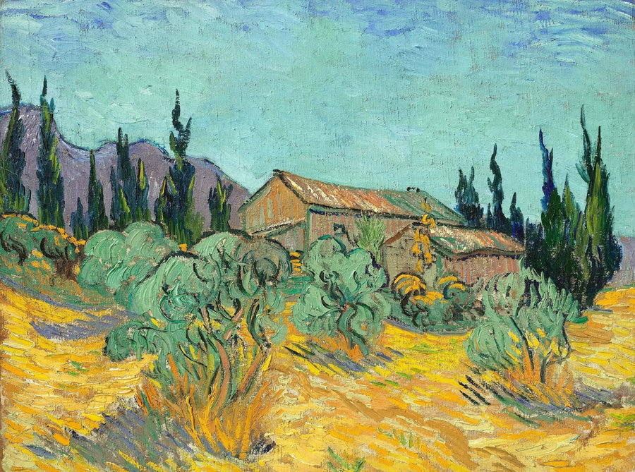 Houten hutten tussen de olijfbomen en cipressen - Vincent van Gogh