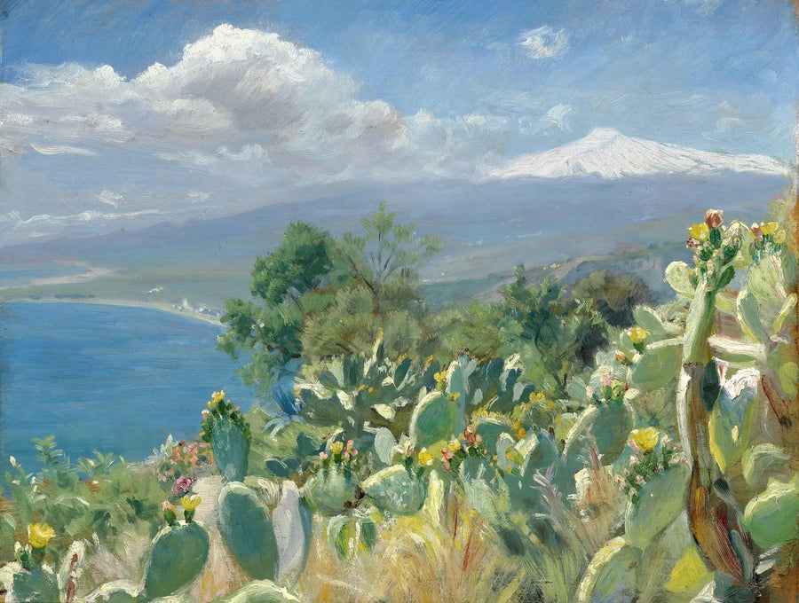 Bloeiende cactussen nabij Taormina. Op de achtergrond, de met sneeuw bedekte Etna.