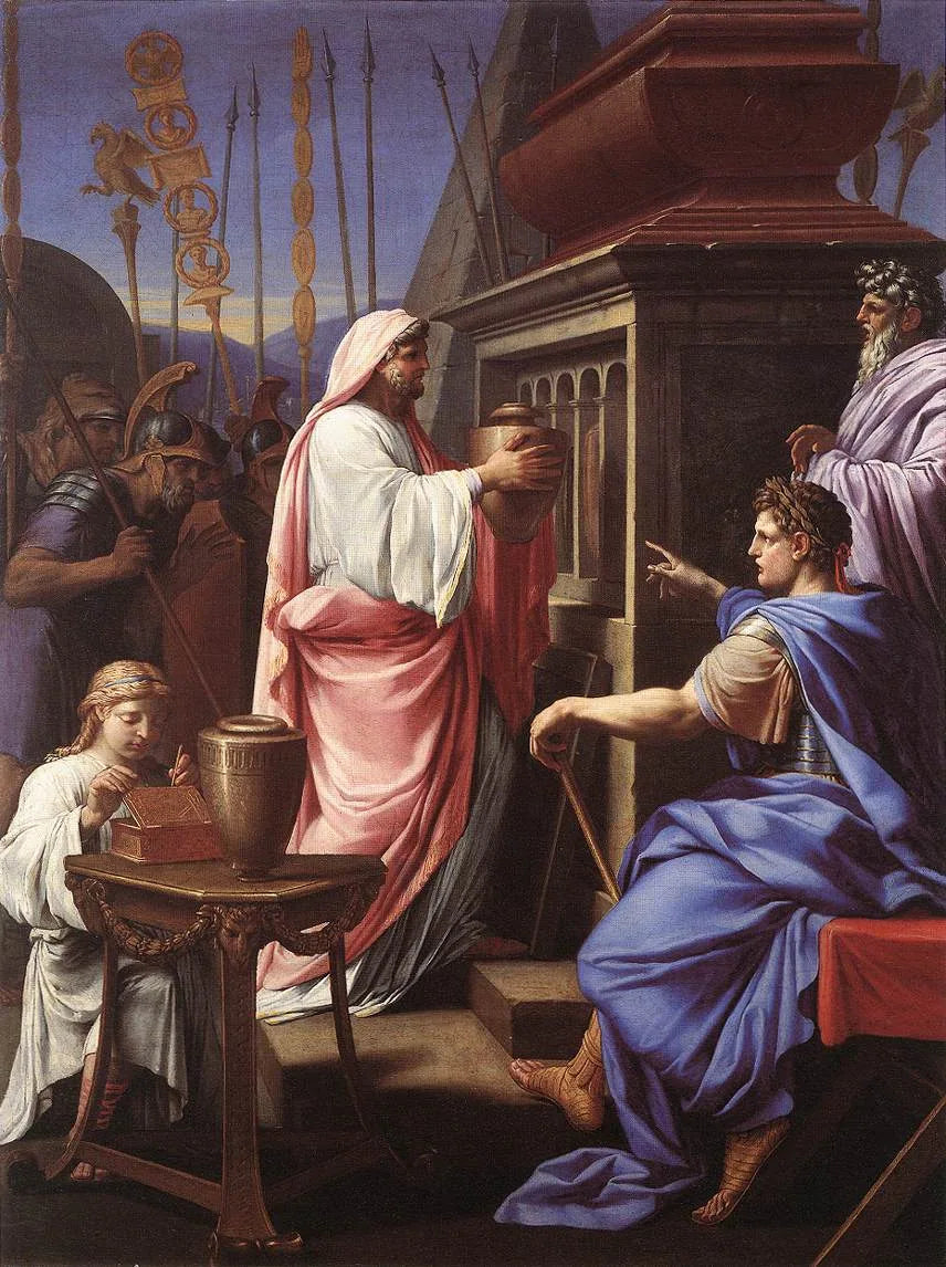Caligula die de as van zijn moeder en broer in het graf van zijn voorouders plaatst - Eustache Le Sueur
