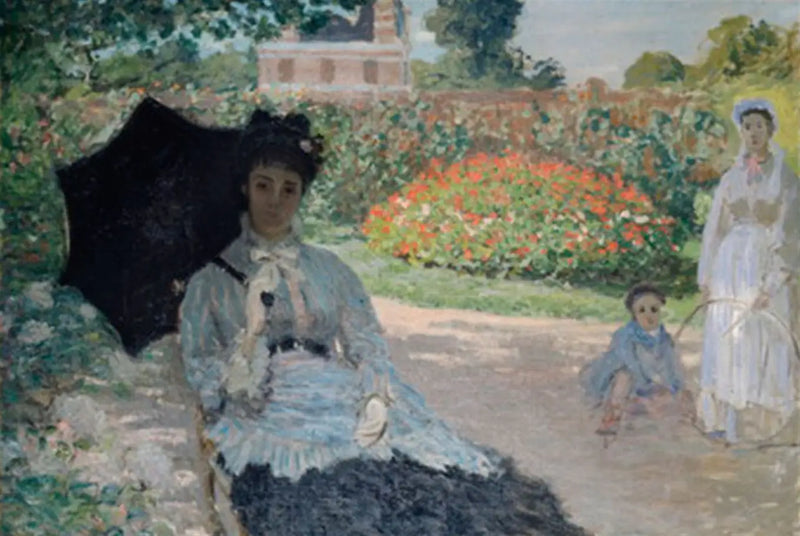 Camille in de tuin met Jean en een dienstmeid - Claude Monet