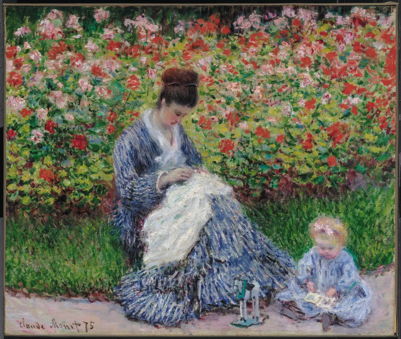 Camille Monet en een kind in de tuin van de kunstenaar in Argenteuil - Claude Monet