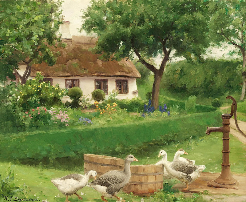 Eenden bij een waterpomp achter een boerderij met rieten dak. - H. A. Brendekilde

Source:
Canards à une pompe à eau derrière une ferme au toit de chaume. - H. A. Brendekilde
