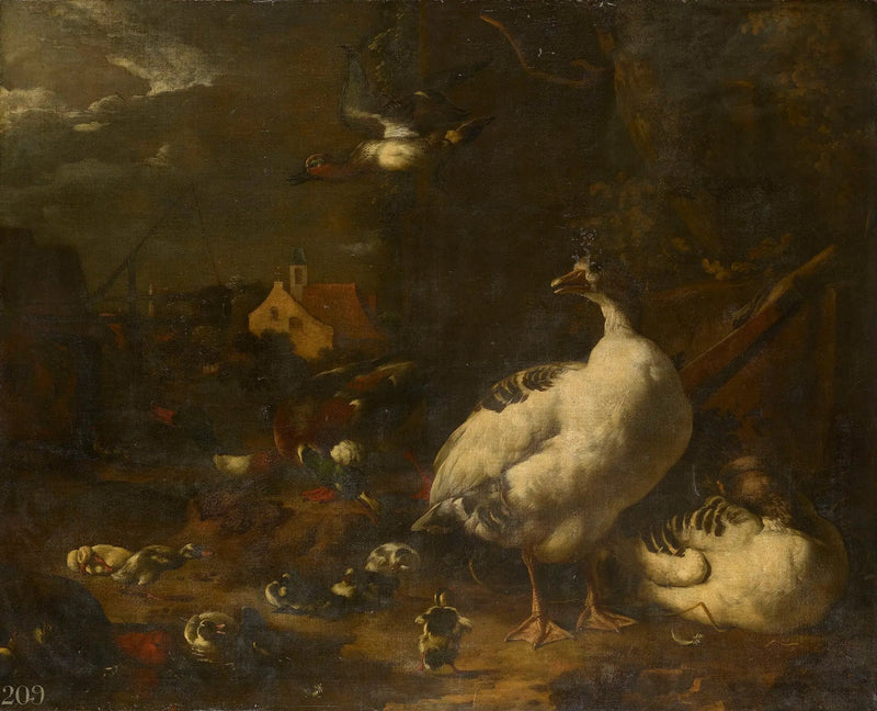 Eenden en ganzen in een boerderijhof - Melchior de Hondecoeter