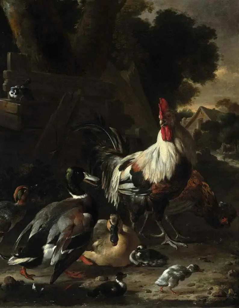 Eenden, kippen en andere gevogelte in een binnenplaats - Melchior de Hondecoeter