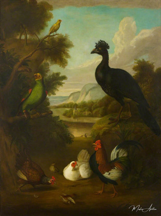 Canari, perroquet vert et autres oiseaux dans un paysage - Tobias Stranover - Reproductions de tableaux et peintures haut de gamme