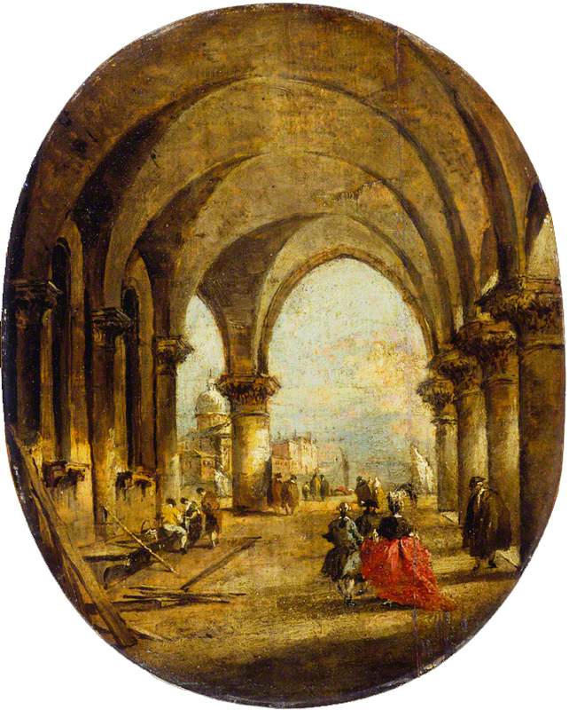 Capriccio met de arcade van het Dogepaleis en San Giorgio Maggiore - Francesco Guardi