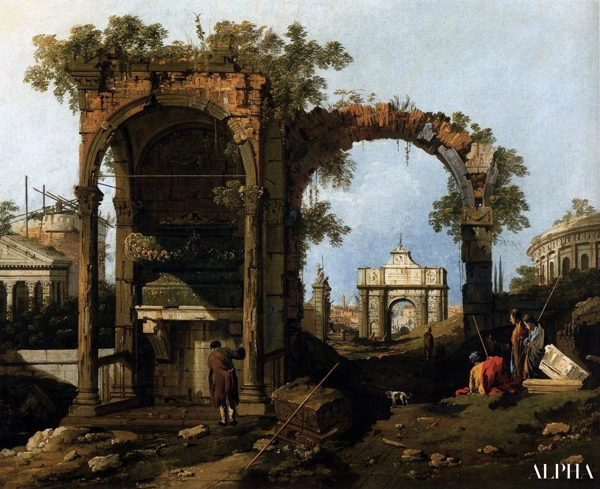 Capriccio met klassieke ruïnes en gebouwen - Giovanni Antonio Canal - Reproducties van schilderijen en hoogwaardige schilderijen