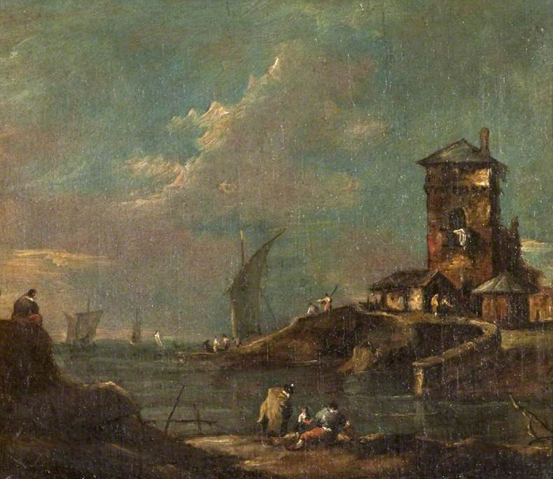 Capriccio met rustieke toren, huizen en boten - Francesco Guardi