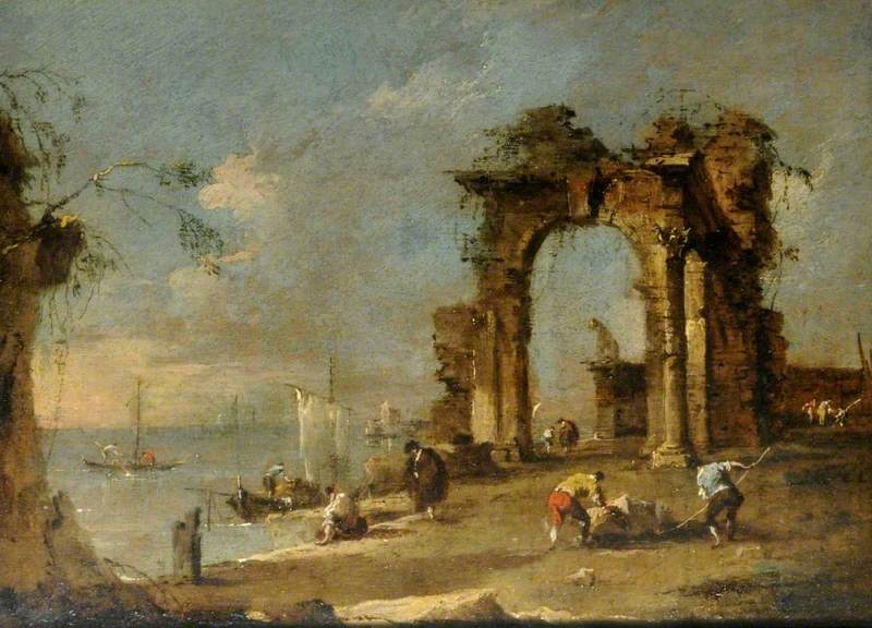 Capriccio met een vervallen boog aan de rand van een lagune - Francesco Guardi