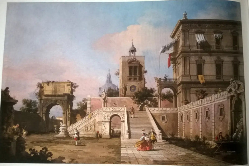 Renaissance paleis met een monumentale trap, een toren van de klok en de Titus-boog daarachter - Canaletto

Source:
Capriccio d'un palais de la Renaissance avec un escalier monumental, une tour de l'horloge et l'arc de Titus au-delà - Canaletto