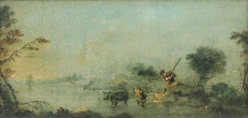 Capriccio van de lagune met een boer en vee - Francesco Guardi