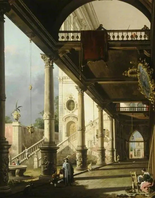 Capriccio : Een zuilengalerij die uitkijkt op de binnenplaats van een paleis - Canaletto