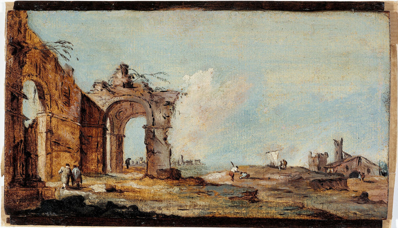 Caprice, met ruïneboog en vissershuizen - Francesco Guardi