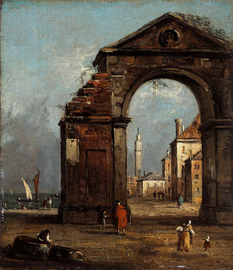 Caprice, met triomfboog in ruïne en landschap aan de rand van de lagune - Francesco Guardi