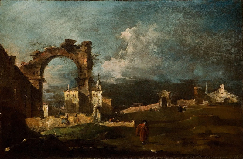 Caprice met ruïnes van een boog en een villa op de achtergrond - Francesco Guardi