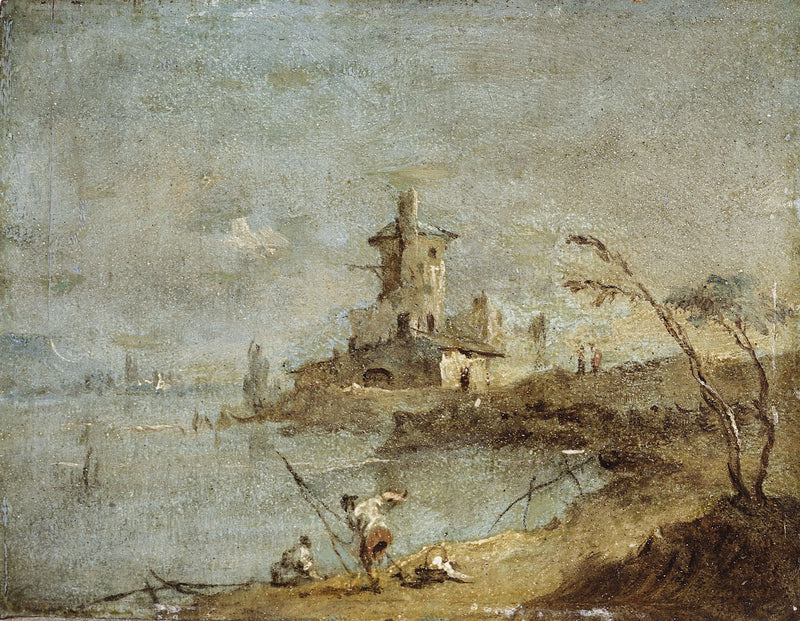 Rustieke Caprice, met ronde toren aan de waterkant - Francesco Guardi