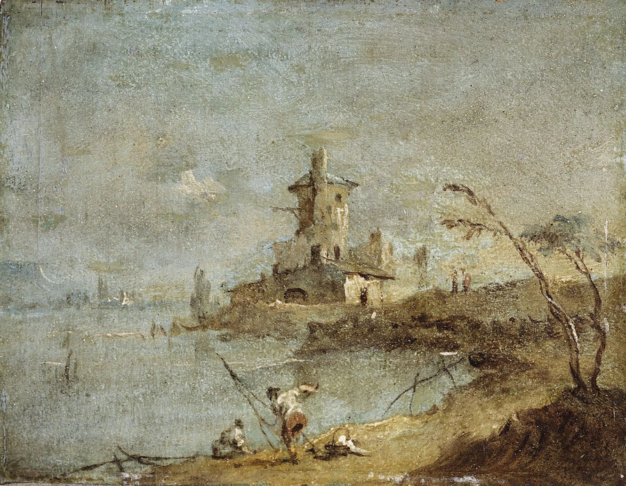 Rustieke Caprice, met ronde toren aan de waterkant - Francesco Guardi