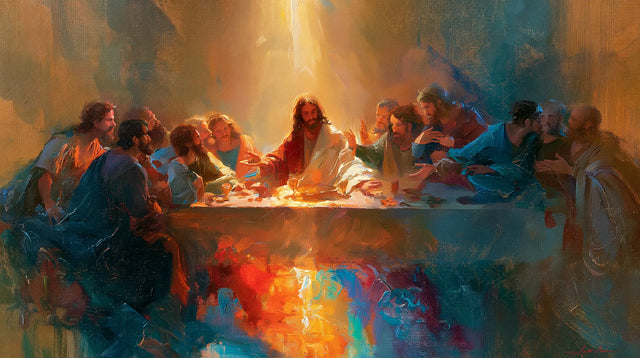 Het expressionistische Laatste Avondmaal met een oranje en turquoise reflectie