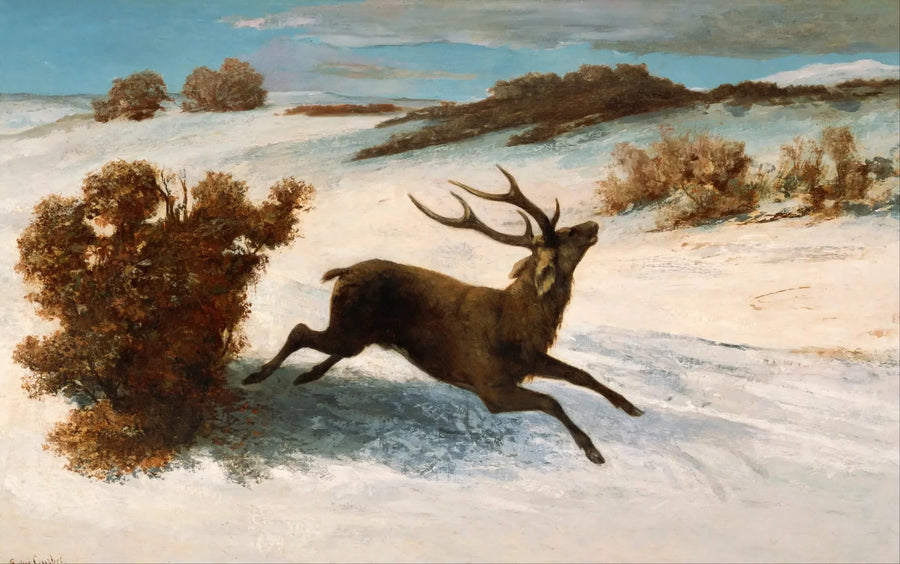 Lopende hert in de sneeuw - Gustave Courbet